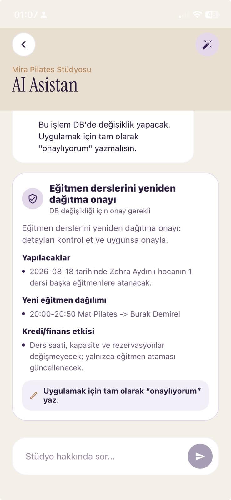 Studiofy yapay zeka asistanı onay ekranı